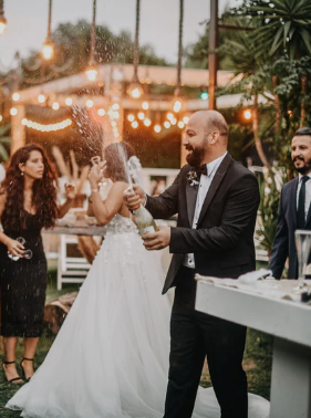 Guests celebrating with champagne at an evening event